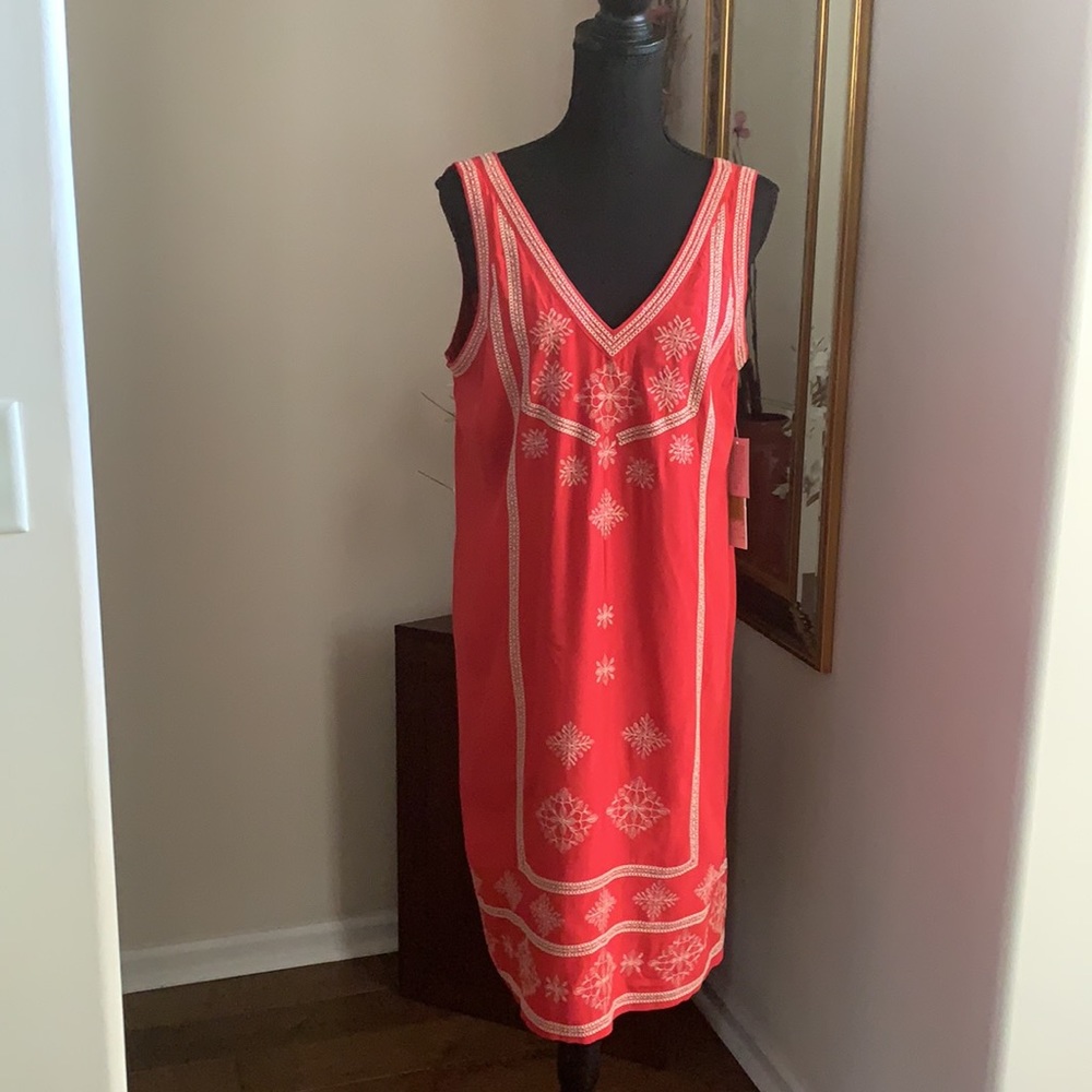 Sigrid Olsen Sleeveless Double V-Neck Pattern Lined Stretch Viscose Dress